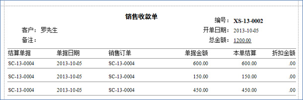 销售收款单打印报表